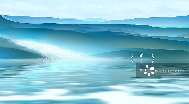 早晨太阳出来了，光茫照耀着森林和山峰河流插画背景海报图片素材