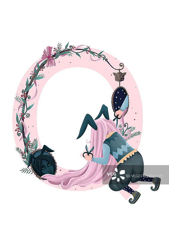 英文字母C女孩儿与镜子创意手绘插画图片素材