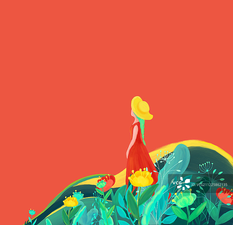 花丛中带帽子仰望天空的少女手绘插画图片素材