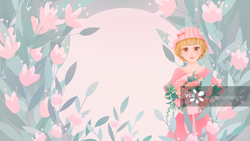 女生节花丛中的鲜花与戴帽子的少女手绘插画横图图片素材