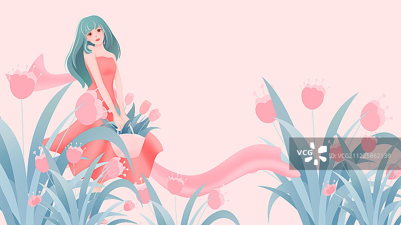 女生节花丛中的鲜花与提着花篮的长发少女手绘插画横图图片素材