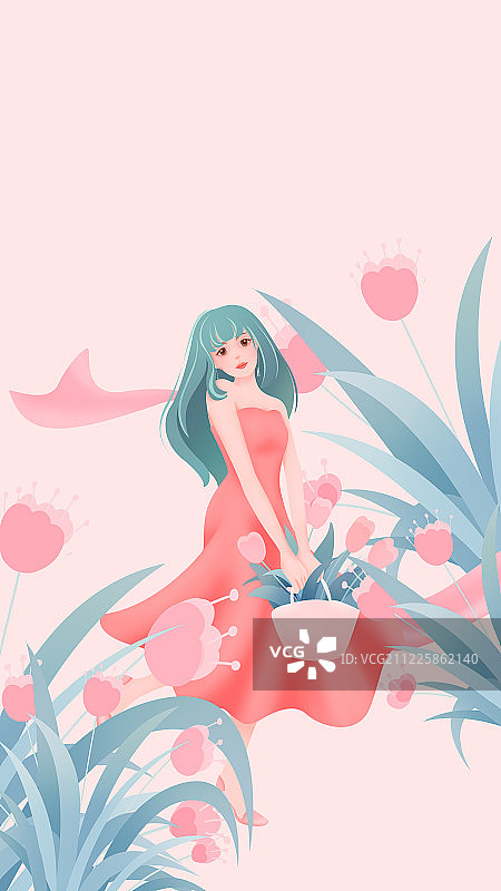 女生节花丛中的鲜花与提着花篮 的长发少女手绘插画图片素材