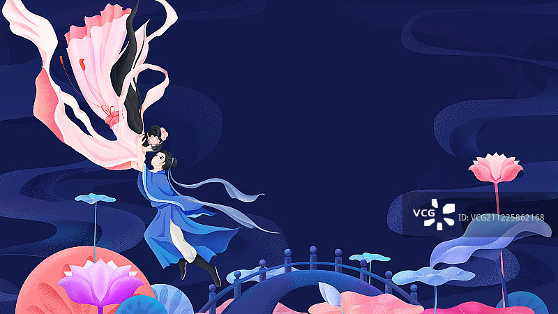 荷塘桥上相会携手飞天的牛郎织女流行手绘插画横板图片素材