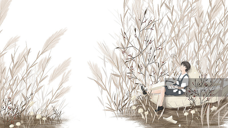 秋天芦苇丛中坐在白色船上看书的少年少女幻想手绘插画图片素材