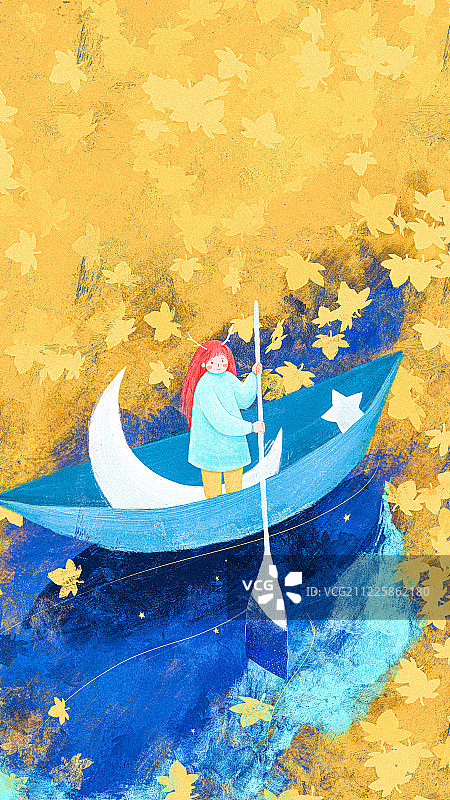 秋天在布满金色落叶的湖面上划船的红发女孩幻想手绘插画图片素材