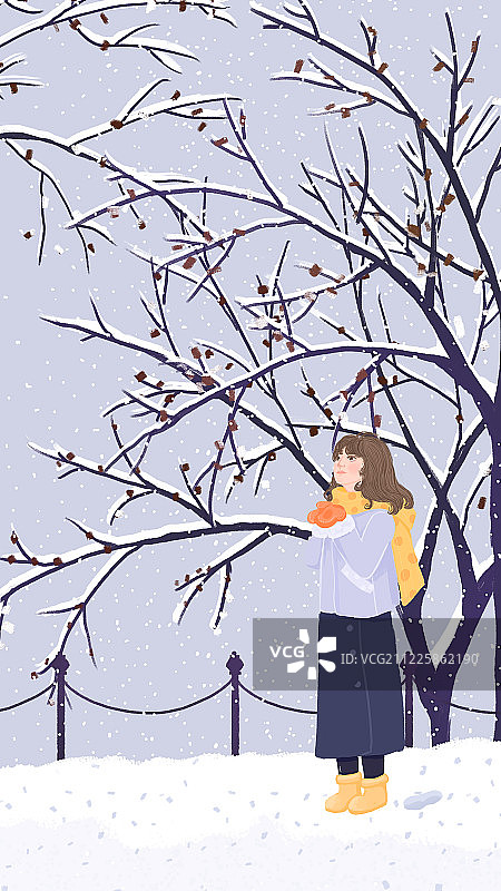 冬天仰望天空接雪花的少女节气手绘插画图片素材