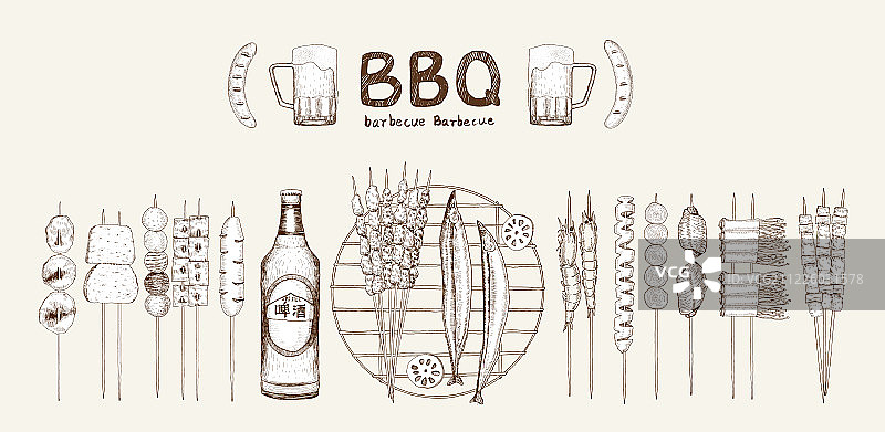 复古风格 各种烤串素描手绘矢量素材集合图片素材