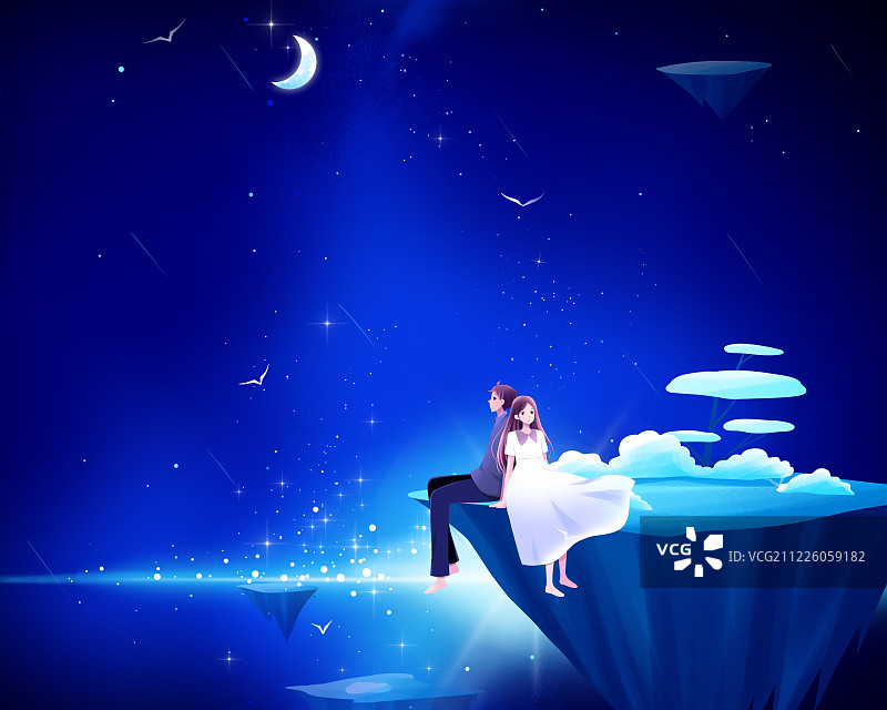 一对情侣坐在唯美的星空下图片素材