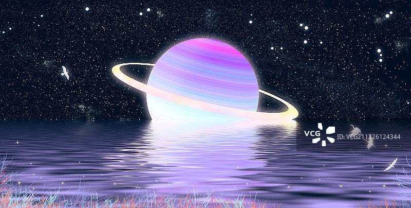 一个发光的星球静静地躺在河面上，小鸟飞过森林的夜空超现实插画图片素材