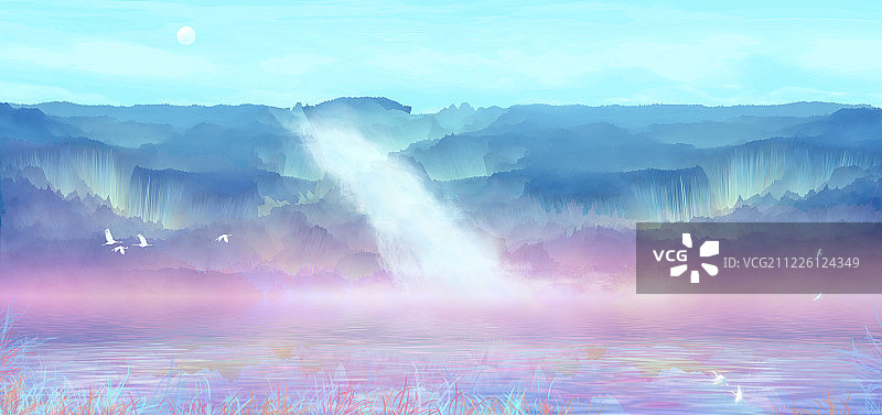 夏天森林阳光明媚，山峰上的山泉水流下汇入到平静湖泊里插画背景图片素材