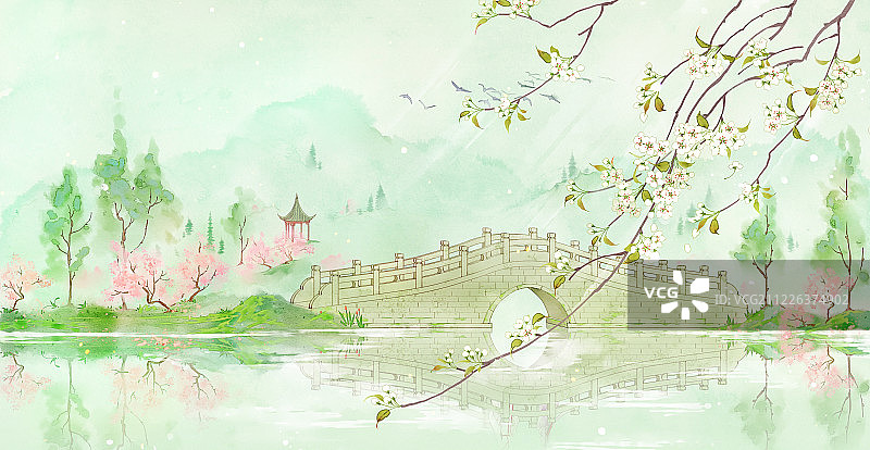 小清新水彩风格古风风景插画清明图片素材