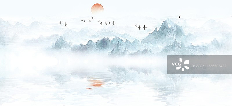 手绘中国风意境水墨山水风景画图片素材