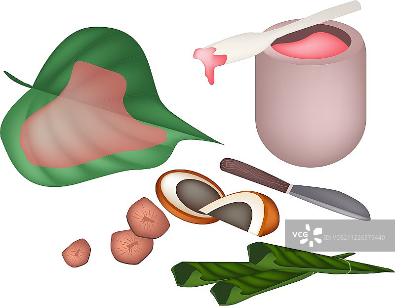 成熟的槟榔和带有红色石灰的槟榔叶图片素材