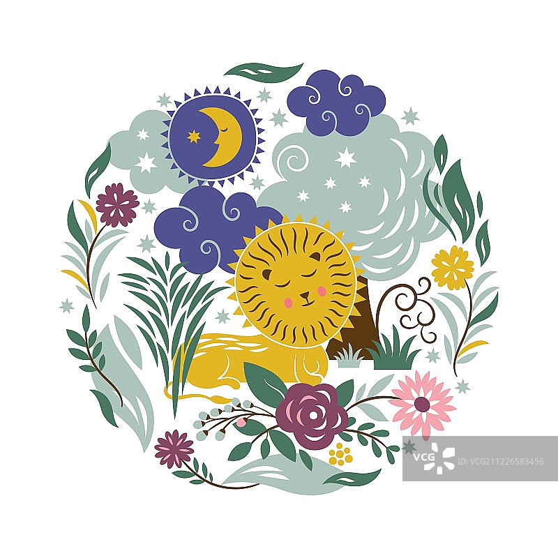 沉睡的狮子与树木和鲜花图片素材