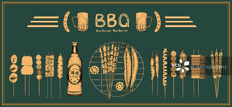 素描手绘复古风烤串素材合集图片素材