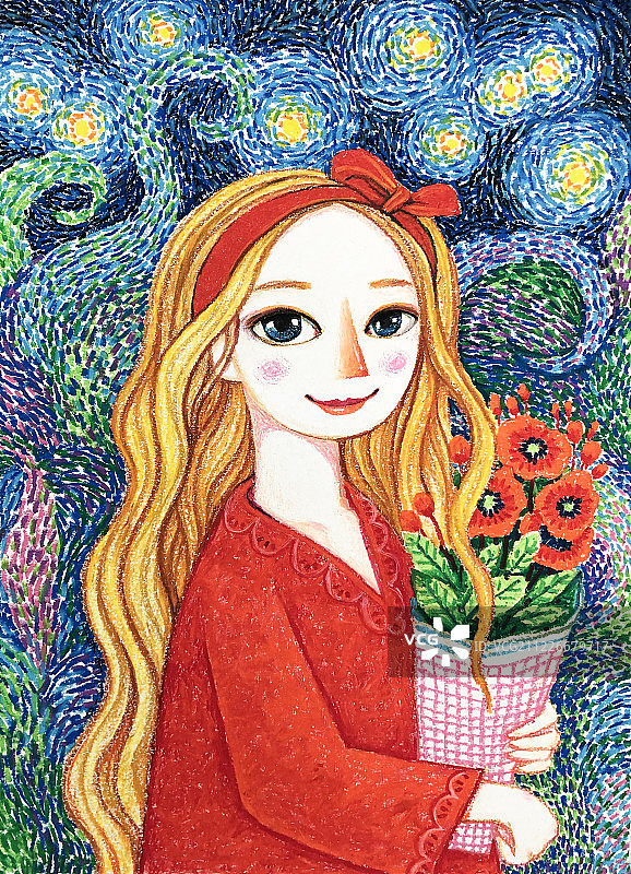 油画棒动物插画作品-抱着画的女孩向往梵高的夜空图片素材