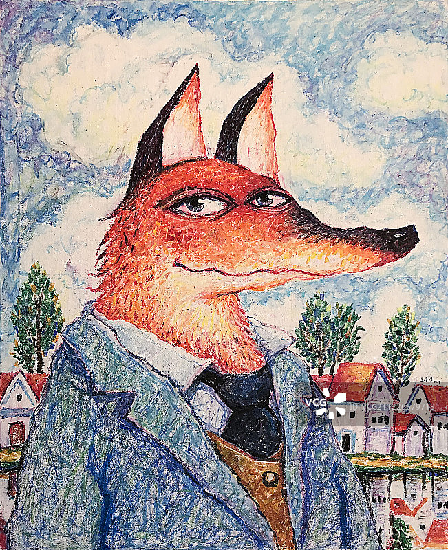 油画棒动物插画作品-红狐狸绅士图片素材