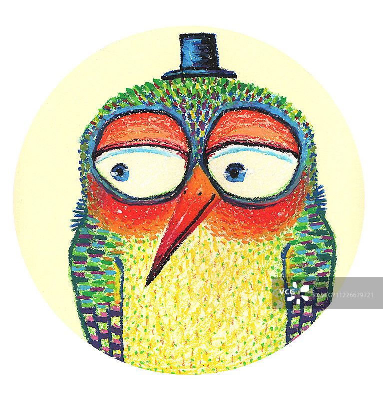 油画棒动物插画作品-带着帽子的鸟图片素材