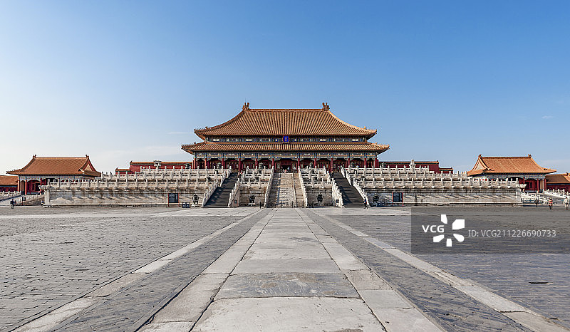 蓝色天空下的北京故宫太和殿与空旷的广场图片素材