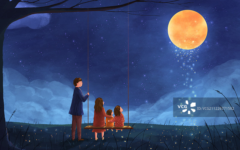 全家团圆中秋之夜插画蓝色横版图片素材
