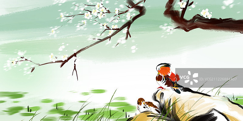 水墨风景画鸳鸯戏水双宿双飞图片素材
