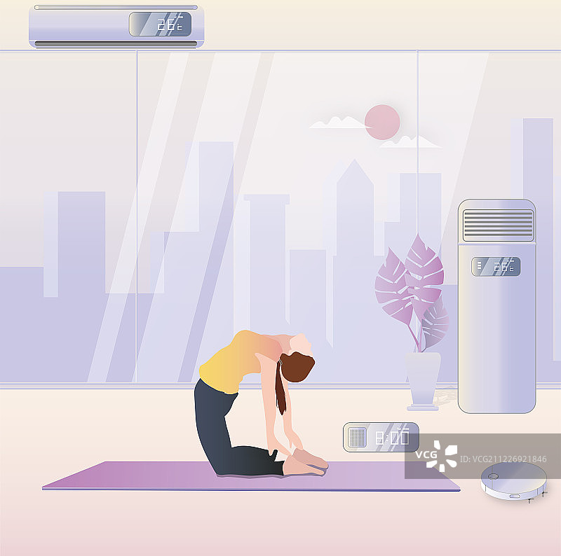 年轻单身女孩在写字楼室内练瑜伽锻炼，开着空调感受科技带来乐趣图片素材