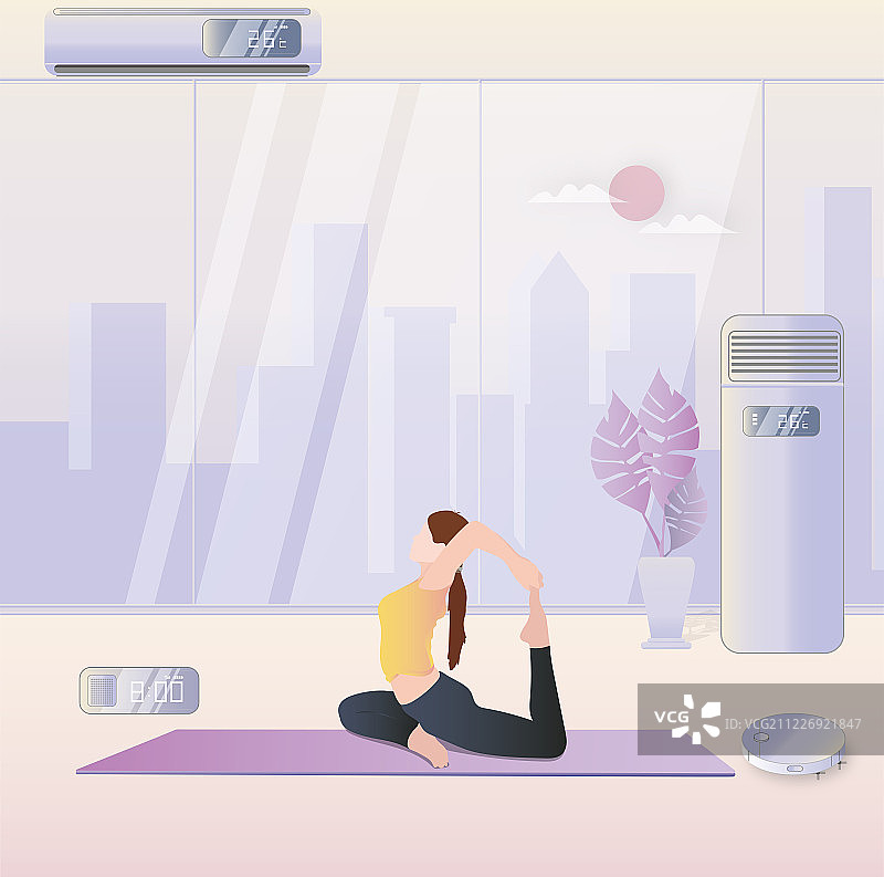 年轻单身女孩在写字楼室内练瑜伽锻炼，开着空调感受科技带来乐趣图片素材