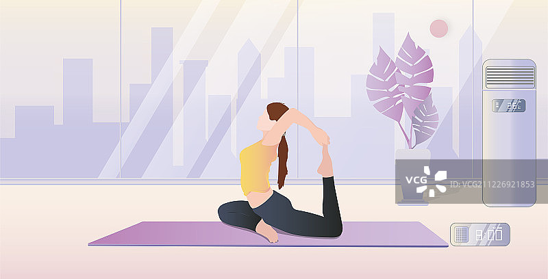 年轻单身女孩在写字楼室内练瑜伽锻炼，开着空调感受科技带来乐趣图片素材