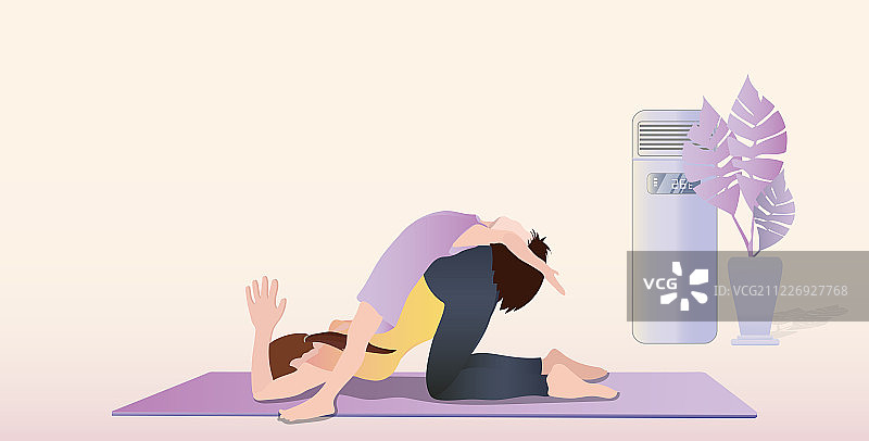 年轻妈妈带着女儿在家里一起练瑜珈，一边开着智能空调吹冷风插画图片素材