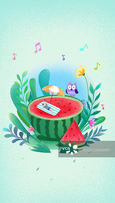 夏天的绿色树林里躺在西瓜上悠闲晒太阳插画图片素材