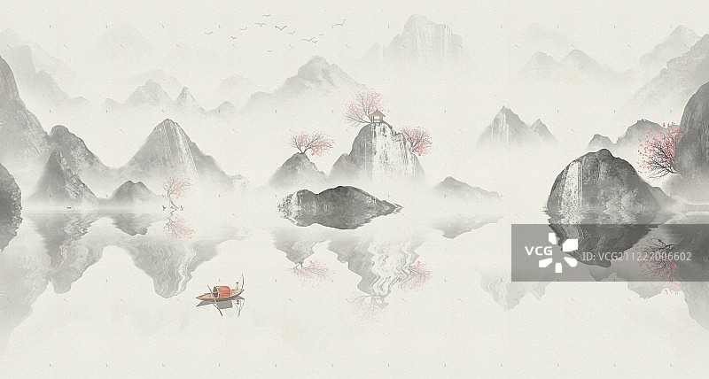 手绘中国风意境水墨山水风景画图片素材