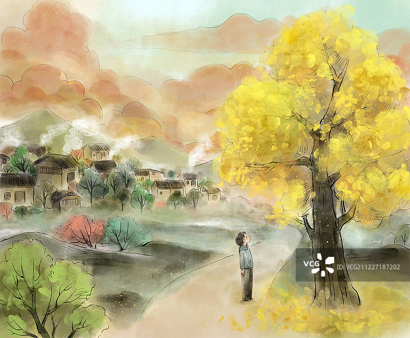 家乡的风景水彩插画图片素材