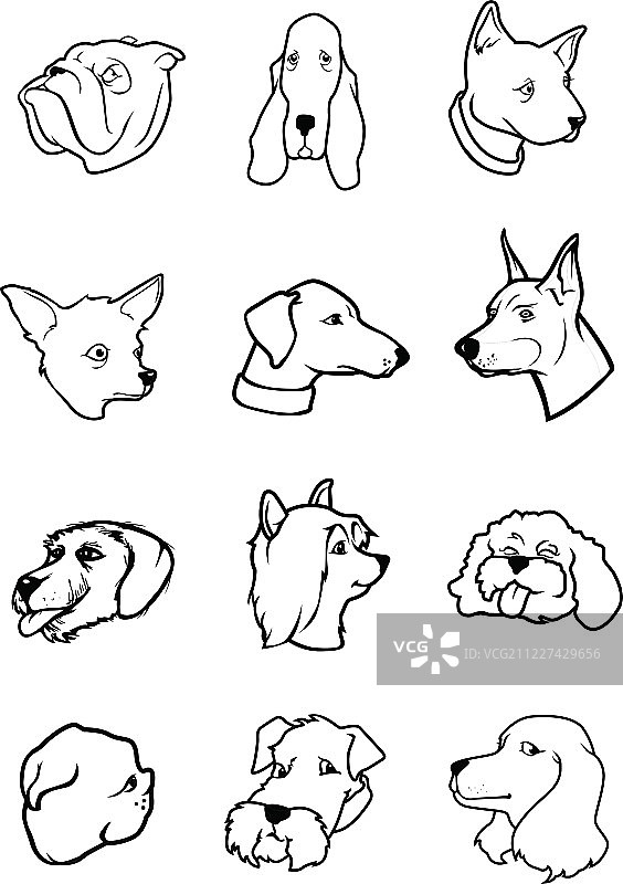 卡通小狗面部表情黑白图片素材