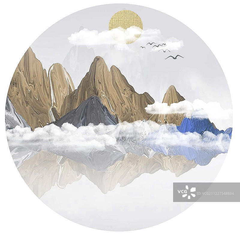 手绘中国风意境水墨山水风景画图片素材