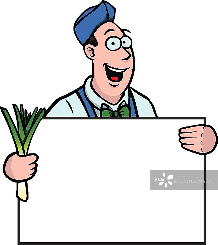 手持韭葱和标牌的蔬菜商贩图片素材
