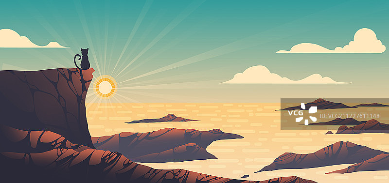海边傍晚的日落 炎热的石头和猫咪的背影插画场景图片素材