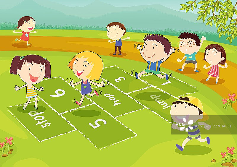 一起玩跳房子的年轻朋友们图片素材