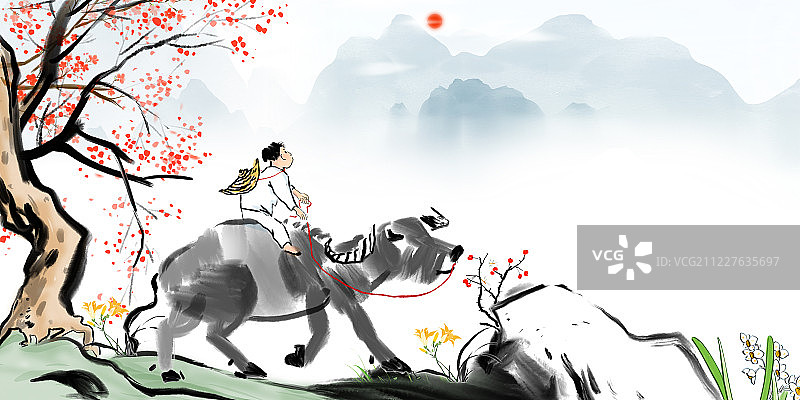 古代诗词中国画牧童晚归图片素材