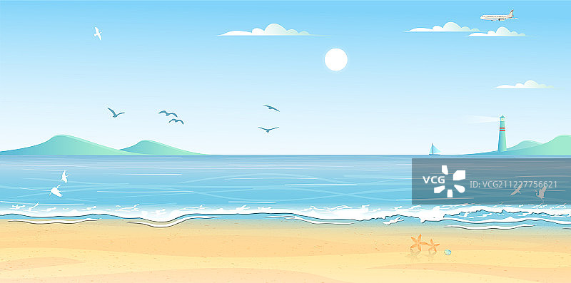 美丽的夏天，太阳照耀蓝色海面，海浪在不断拍打着海岛岸边细沙图片素材