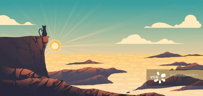 猫咪站在海边岩石上的背影 风景插画动图图片素材