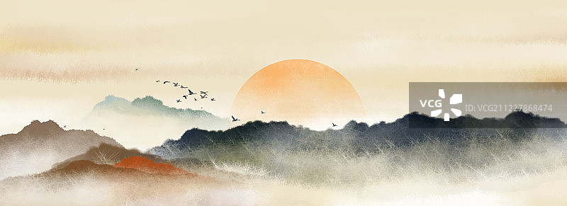 彩色水墨风景画 水彩风景插画图片素材