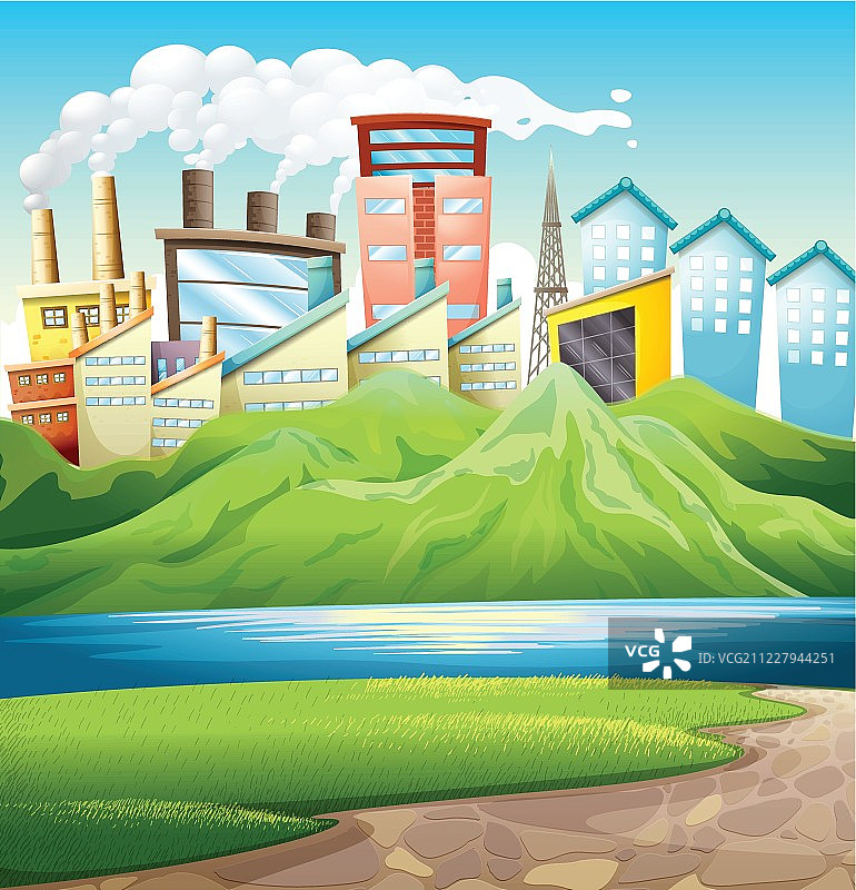 河流和建筑物附近的青山图片素材