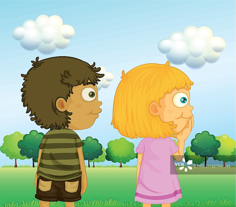 树前的男孩和女孩图片素材