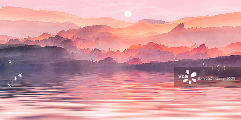 早晨的太阳从天空升起来了，山脚下的河流在流动小鸟在飞舞插画图片素材