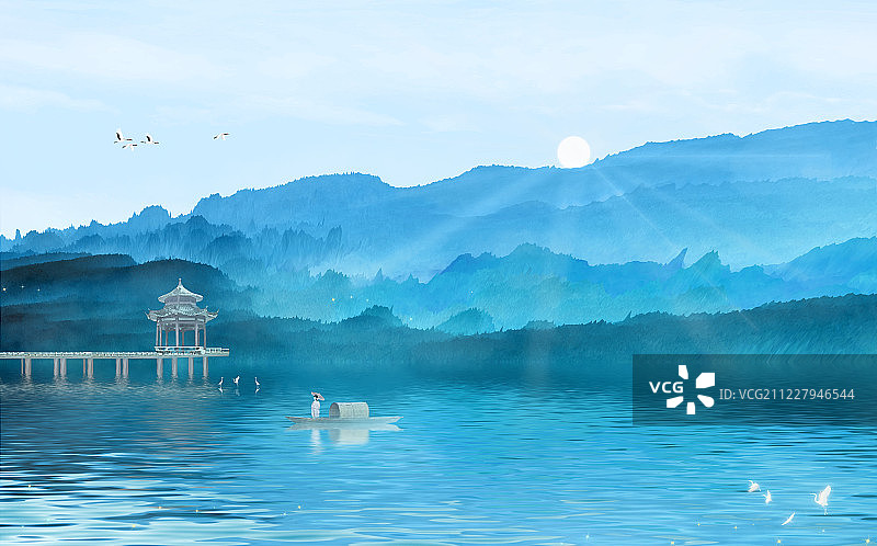 早晨的太阳升起，古风少女乘着小船行驶在森林里的河流上插画背景图片素材