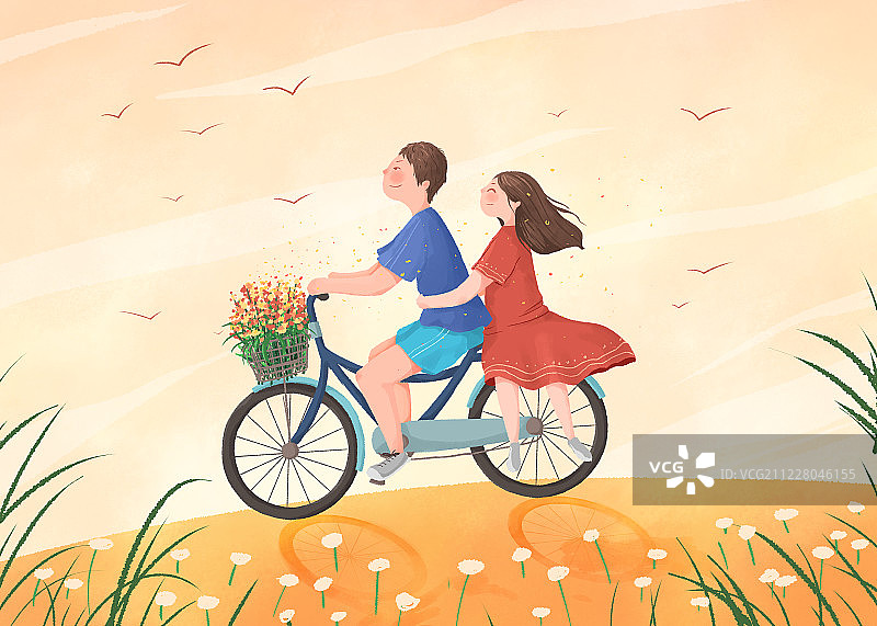 骑车的情侣插画横版图片素材