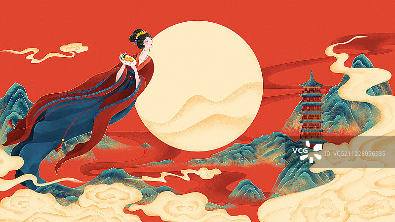 中秋节祥云环绕的群山上嫦娥奔月手绘插画横板图片素材