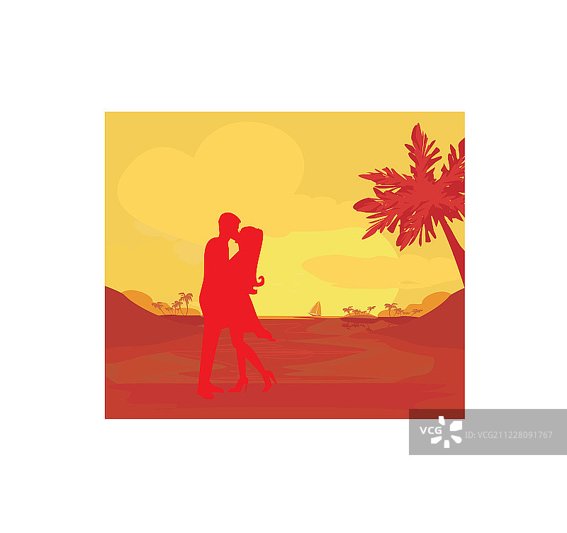 热带海滩上亲吻的情侣剪影图片素材