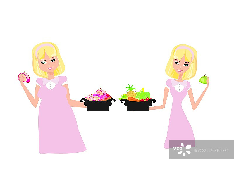 胖女孩和瘦女孩插画图片素材