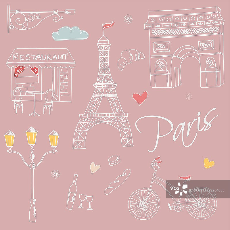 巴黎地标明信片手绘图案图片素材